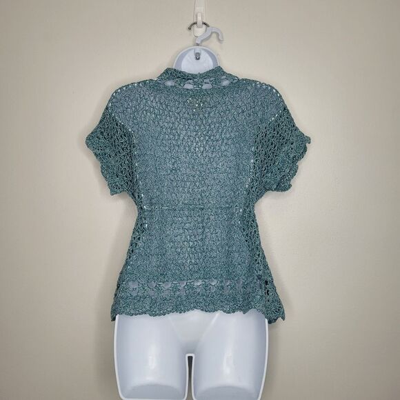 Vintage teal open knit drawstring waist y2k short sleeve cardigan Size large - Picture 2 of 6